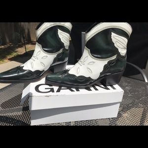 Ganni Cowboy Western Ankle Boots 41 10 black and white